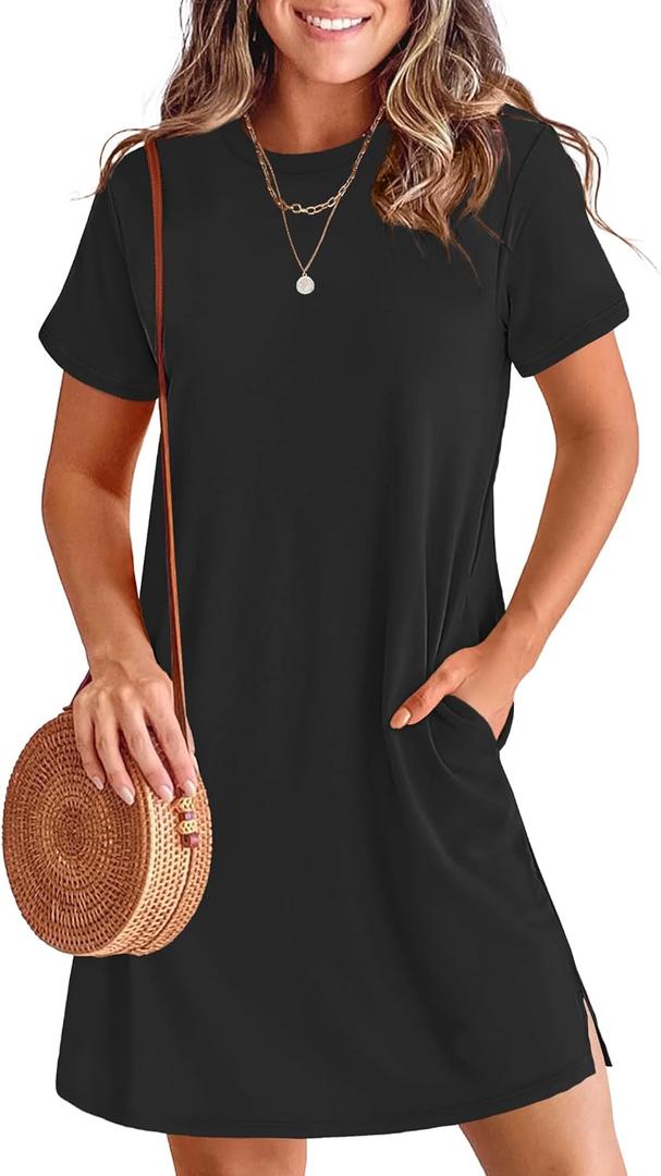 ANRABESS Women's Summer Casual T Shirt Dresses Short Sleeve Crewneck Striped Mini Shift Dress 2025 Beach Vacation Outfits (XX-Large, Black)