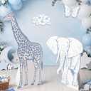 4PCS Blue Safari Baby Shower Decorations, Jungle Animal Cardboard Standee Set, Toile de Jouy Style Decor