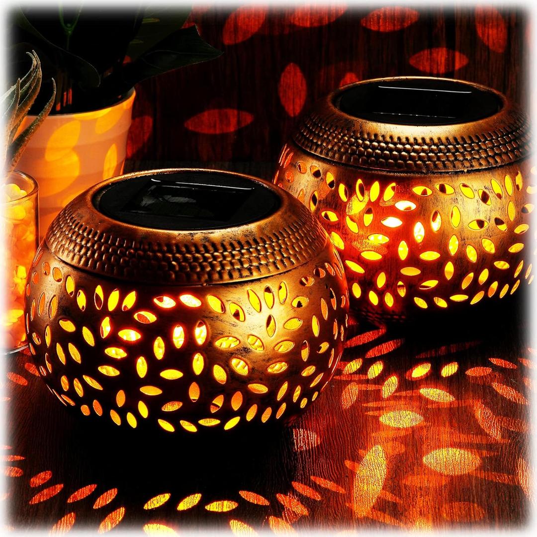 2 Pcs Solar Table Lantern Outdoor Waterproof Flickering Flame Solar Powered LED Light Decorative Metal Outdoor Lamp for Outside Indoor Desk Tabletop Bedroom Patio Garden Pathway Yard (Bronze)