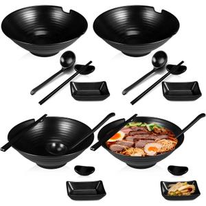 4 Sets Japanese Ramen Bowl Set 37 oz Black Large Ramen Noodle Bowl Asian Chinese Korean Miso Soup Bowl with Spoons Chopsticks Saucers and Chopsticks Holders for Pho Udon Thai Soba