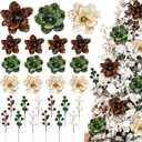 Suncalla 24 Pcs Velvet Christmas Ornaments 12 5.5'' Velvet Magnolia Flower for Christmas Tree 12 6.3'' Spheres Ball Pick Stem Artificial Magnolia Flower for Xmas Tree Decor(Beige, Brown, Green)