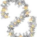[Timer & Lighted] 6 Ft Prelit Christmas Garland with Lights Silver Berry Garland Holly Leaves Artificial Xmas Garland Christmas Decorations for Home Winter Holiday Door Table Mantle Fireplace Stairs
