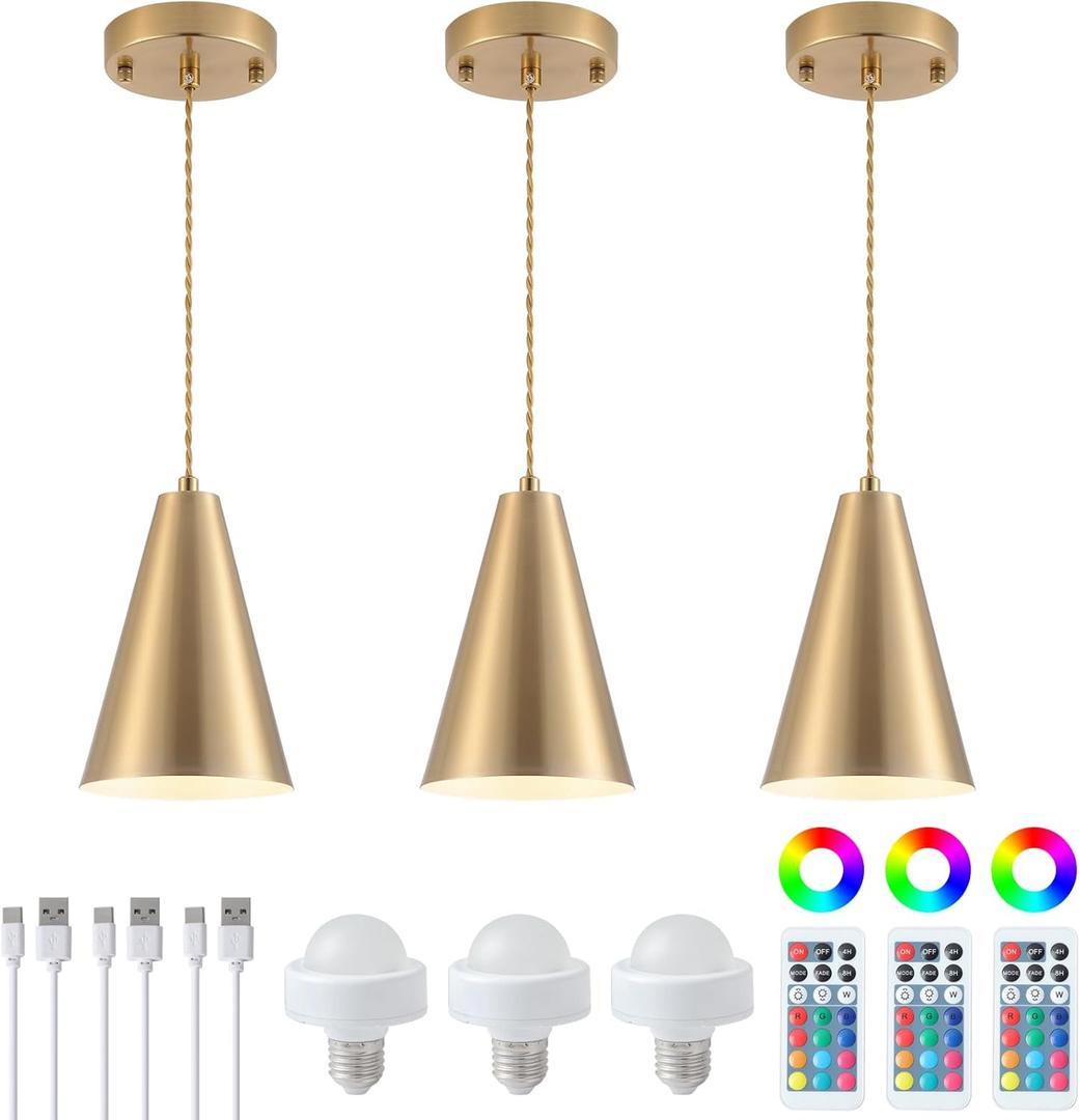 Dijiahua Gold Battery Operated Pendant Lights Kitchen Island 3 Pack with Remote Control,Wireless Rechargeable 12 Color Temperatures Led Lamp Fixtures with Brass Metal Shade, Modern Hanging Lighting
