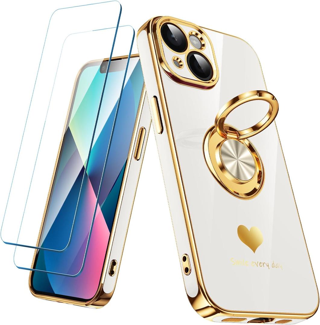Compatible for iPhone 13 Case with 2 Pack Screen Protector, 360 Rotatable Ring Holder [Luxury Hearts Pattern] Plating Gold Edge Slim Soft Phone Cover Case for iPhone 13 - White