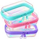 Hoolerry 3 Pcs Clear Hard Zipper Case Hard Plastic Zipper Pouch Makeup Bag Portable Travel Organizer for Cosmetics, Office Supplies, Documents & Toiletries(Laser,Xs)