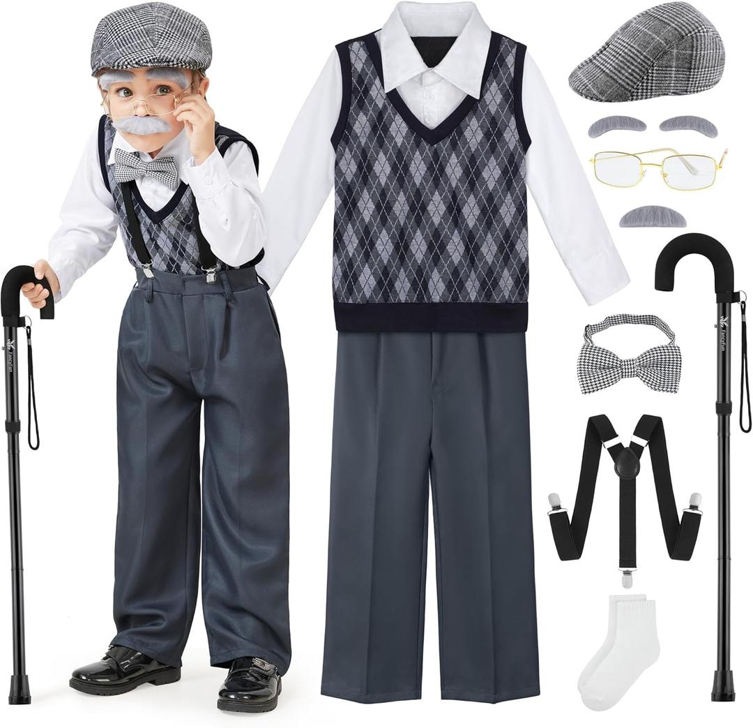 9 Pcs 100 Days of School Costume for Boys Old Man Costume for Kids Grandpa Dress Up Outfits Set (5-7 Years, Gray Plaid With Darkgray)