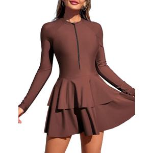 ZAFUL Women's One Piece Rash Guard Long Sleeve Modest Swimsuits Dress Zipper Bathing Suit Swimskirt, Dust Pink, L