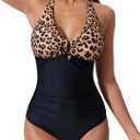 SUUKSESS Women Sexy Tummy Control One Piece Swimsuits Halter U-Wire Cutout Bathing Suit V Necck Push Up Swimwear 2026(Leopard Black, XL)