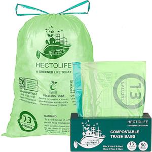 13 Gallon, 50 Count, Compostable Trash Bags with Drawstring, Tear Resistant Kitchen Food Scrap Waste Bag, ASTM D6400, US BPI and Europe OK Compost Home Certified