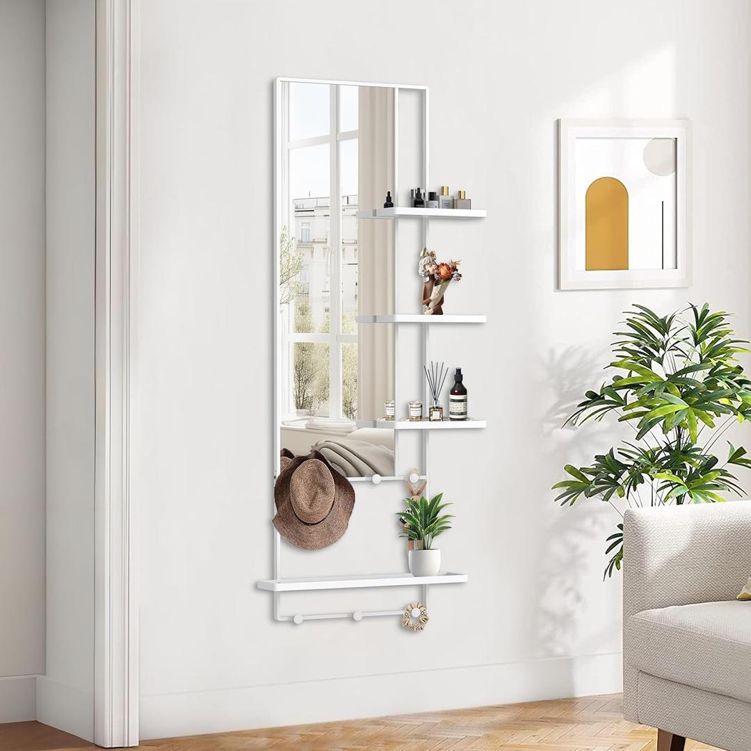 ANYHI Full Length Wall Mirror with 4 Detachable Trays and Hooks
59.4x19 Inch Metal Frame Wall Mounted/Standing Full Mirror, HD Glass Dressing Mirror for Bedroom Entryway Living Room, White