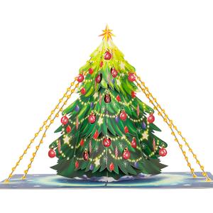 2 x Christmas Tree Pop Up Card, Merry Christmas, Pine Tree, Snowflakes, Balls, Snow, Light, 3D Greeting Card, Gift for Xmas, 5x7 - Includes Envelope And Message Note