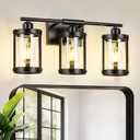3-Light Black Bathroom Light Fixtures, 21 Inch Modern Bathroom Vanity Lighting Fixtures Over Mirror with Clear Glass and Metal Cage Wall Sconce Lights for Bath, E26, OS-3014BK-3W