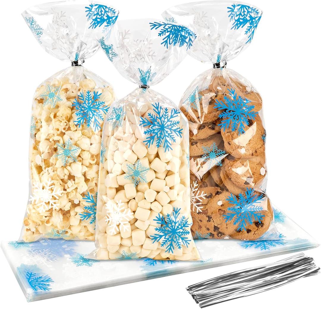 Jutieuo Christmas Snowflake Cellophane Treat Bags, 100PCS Winter Candy Goodie Cookie Bags Plastic with Twist Ties for Xmas Wonderland Holiday Party Supplies (Blue White)