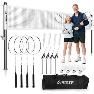 Professional Badminton Set with Carbon Aluminum Rackets (Set of 4), Portable Outdoor Badminton Net with Winch System, 4 Nylon Shuttlecocks and Bag (White)