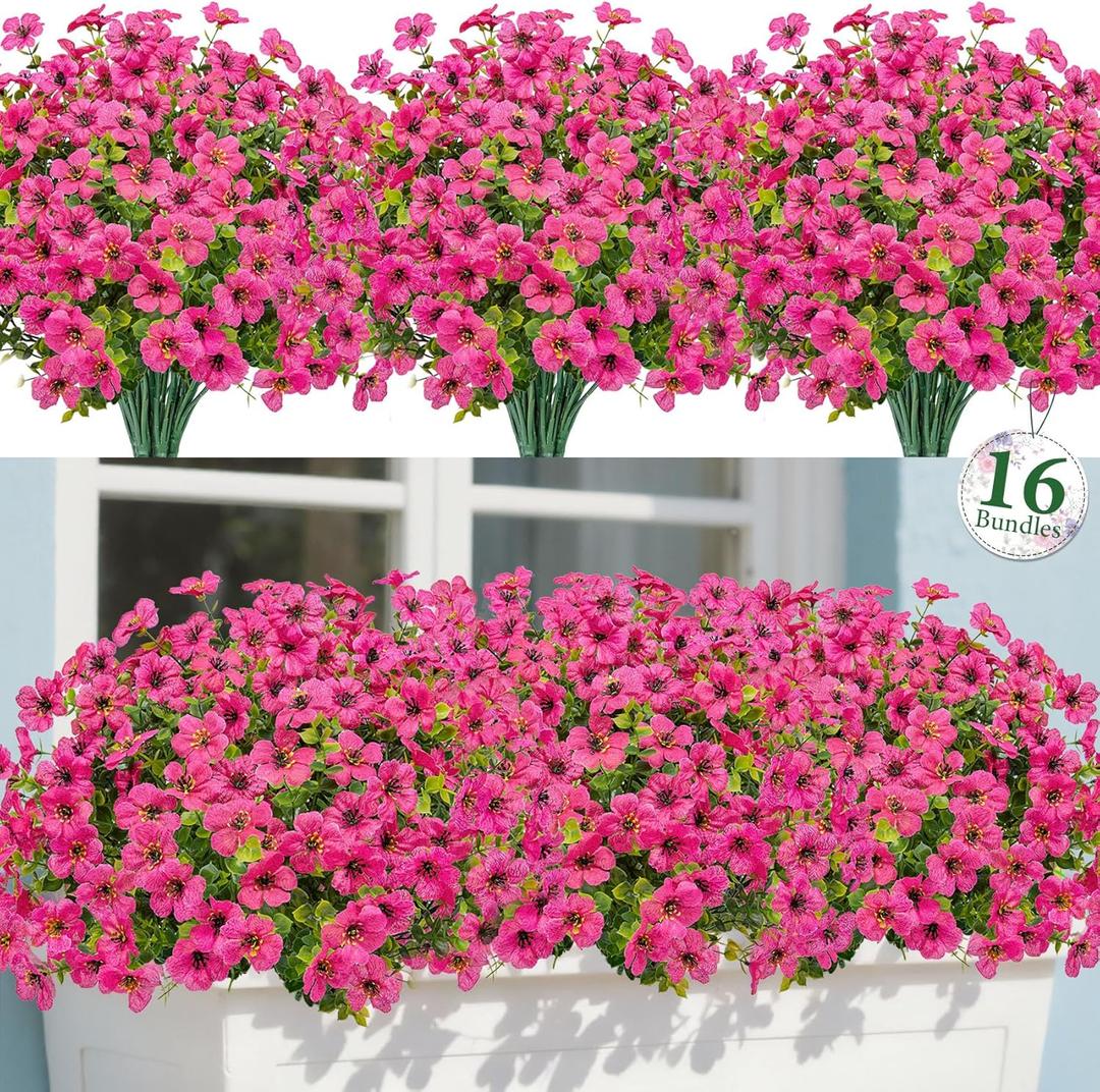Bassion Artificial Flowers for Outdoors, 16 Bundles UV Resistant Fake Flowers Realistic Silk Faux Plants for Outdoor Planter Window Box Porch Patio Garden Home Outside Decorations