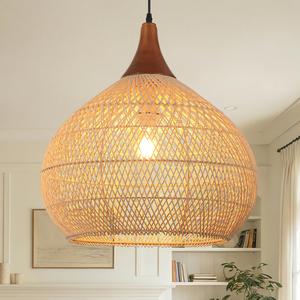Karjearl 20" Large Rattan Pendant Light, Rattan Chandelier Hand-Woven Boho Pendant Light Fixtures with Solid Wood, Basket Wicker Chandelier for Dining Room Kitchen Island Living Room