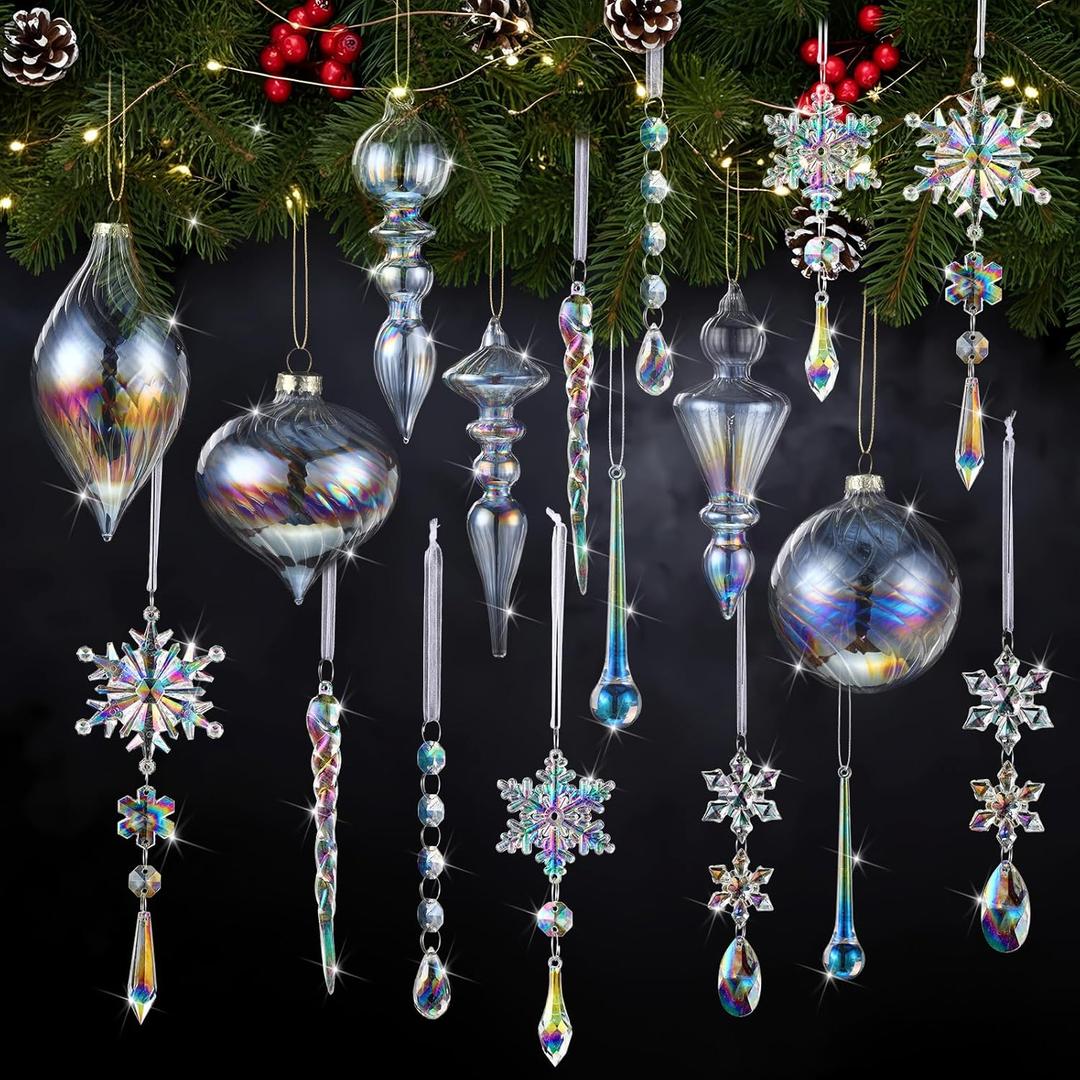 Jenaai 50 Pcs Crystal Glass Ornaments for Christmas Tree Vintage Hanging Acrylic Snowflake Drop Finial Christmas Ball Icicle Crystal Decorations for Xmas Winter Party Supplies(Iridescent)