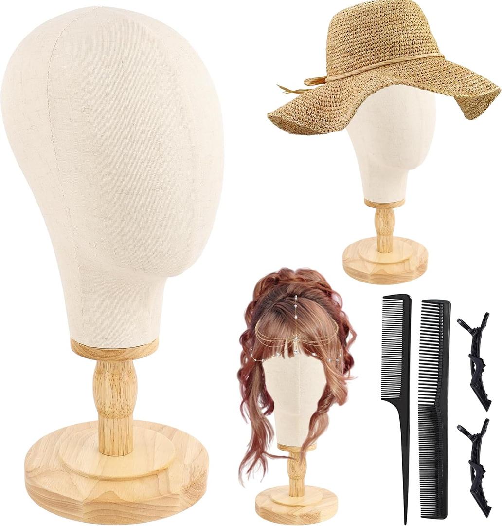 Beauty Star Wig Stand, 22inch Mannequin Head for Wigs with Detachable Strong Wood Base, Canvas Block Wig Head Holder Rack Ideal for Hair Styling, Display Hats, Wig Making, Headdress
