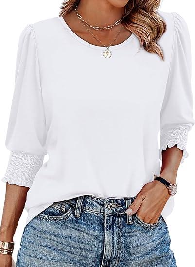 XIEERDUO Blouses for Women Dressy Casual 3/4 Length Sleeve Womens Tops with Smocked Cuffs, L, White