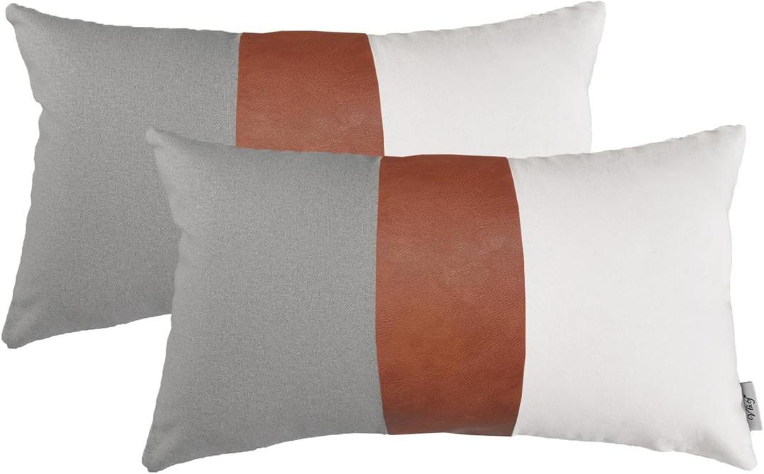 Decorative Boho Lumbar Pillow Covers 12x20 Inch Farmhouse Rustic Cotton Sofa Pillowcase, Grey and White (Pack of 2, Cover ONLY)