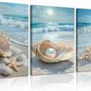 3Pcs Beach Themed Canvas Wall Art Summer Beach Waves Pictures Wall Decor Seashells Starfish and Pearl in Ocean Setting Coastal Prints Paintings Seaside Artwork for Living Room Bedroom Office Gift