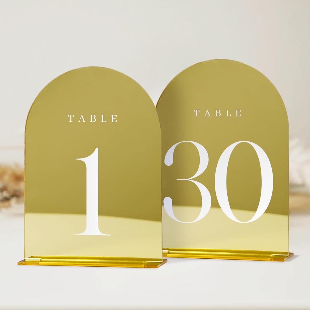 Gold Mirror Arch Table Numbers for Wedding, 30 Pack 5x7" Gold Mirror Arch Acrylic Signs with Stand Acrylic Table Numbers 1-30, Perfect for Wedding Reception