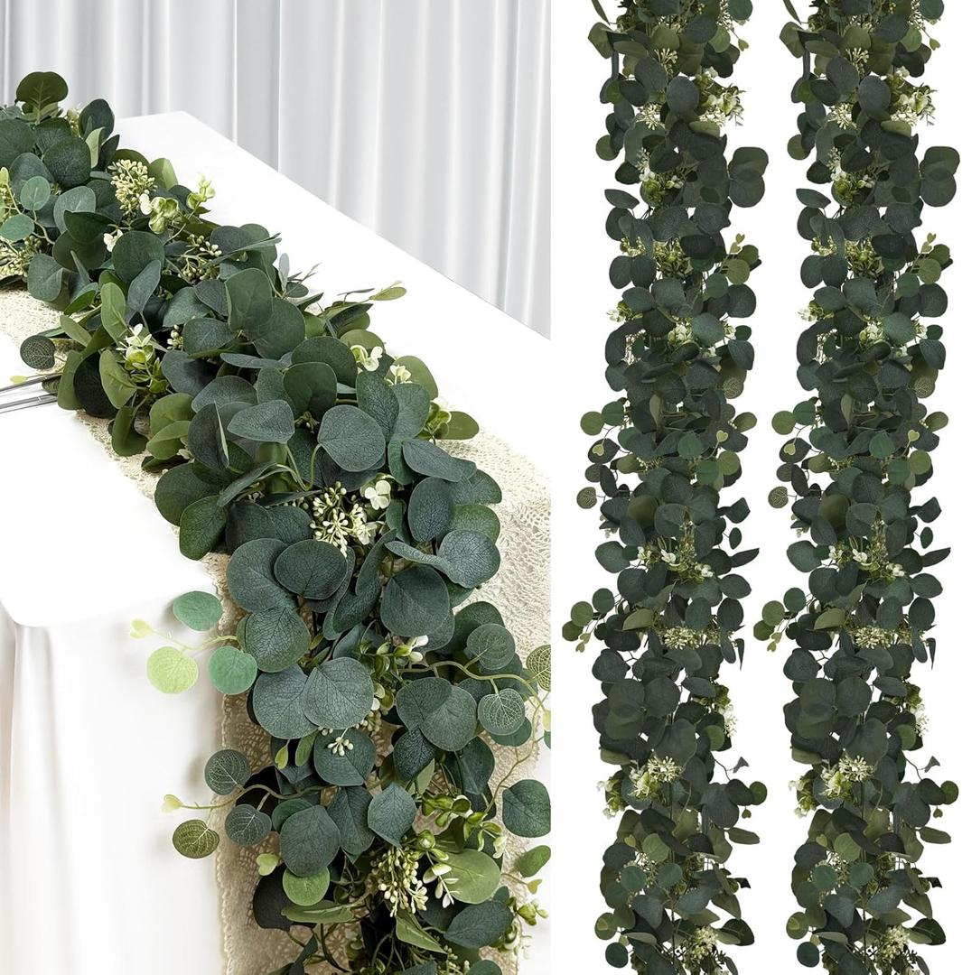 2Pcs 6FT Eucalyptus Garland, Green Garland with Flowers, Artificial Faux Greenery Vines for centerpieces Wedding Party Table Runner Room Home Mantle Decor