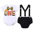 IBTOM CASTLE Baby Boy First Birthday Outfit 1st Birthday Construction Truck Boy Outfit Excavator Print Clothes Baby Boys Romper Bodysuit + Bloomers + Adjustable Y Back Suspenders Dump Truck 1T