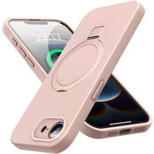 Mag-Ring Designed for iPhone 16E Case, Liquid Silicone [Moisturizing Factor] Extreme Soft Slim Phone Case with Stand [Compatible with MagSafe] for 16E 6.1 inch Men Women Pink