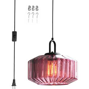 Plug in Hanging Light Glass Globe Pendant Light Plug in Mid Century Modern Pendant Light Fixture with 14.7 ft Cord Purple Striped Glass Shade for Living Dining Room Farmhouse Kitchen