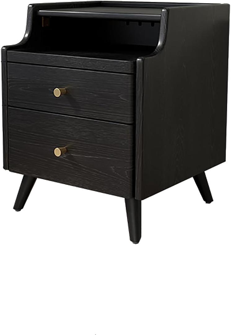 Solid Wood Nightstand with 2 Drawer, Narrow Bedside Tables with Bookshelf, Mid Century Modern Slim Skinny Side Table for Bedroom, Living Room, Small Spaces (40x40x50cm(16x16x20inch), Black)