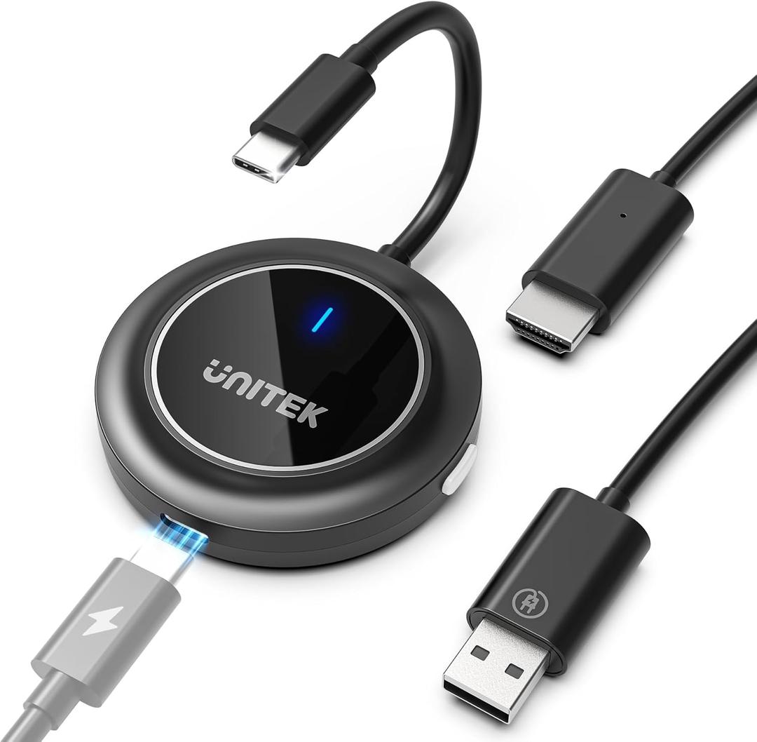 Unitek Wireless HDMI Display Dongle Adapter with PD3.0 100W Charging Port- Portable USB C Wireless Mirroring Transmitter Stream Video to Monitor Projector for TV Phone Laptop iOS Android Windows