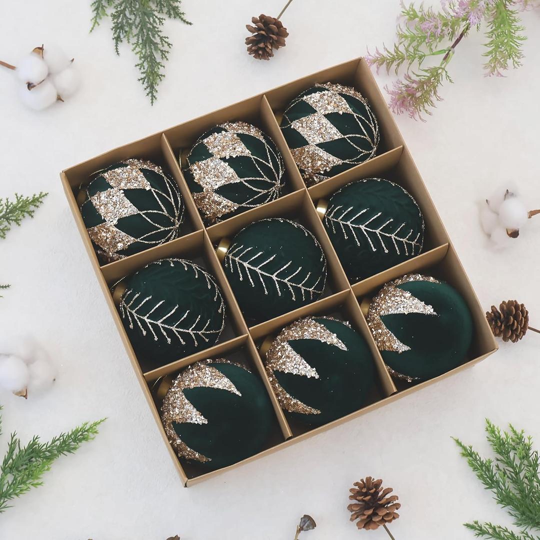 4inch Velvet Ornaments for Christmas Tree, 9PCS Glitter Flocked Christmas Ornaments Decorations Balls Set Decor Green