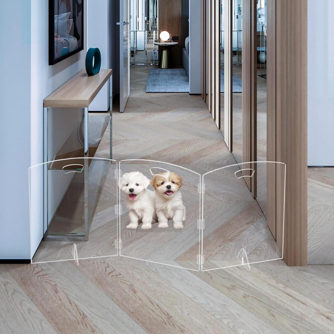 Clear Freestanding Dog Gate for Indoor Use,Pet Gates for Doorways no Drilling,Acrylic Foldable Dog Gate for Stairs with Support Feet (3Panel - 60''W x 23''H)