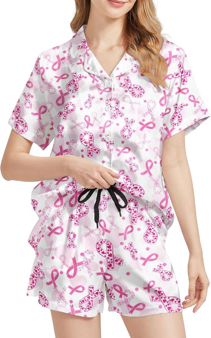 Womens Pajamas Set 2 Piece Satin Short Sleeved Pjs Button Notch Collar Loungewear Party Sleepwear Sets