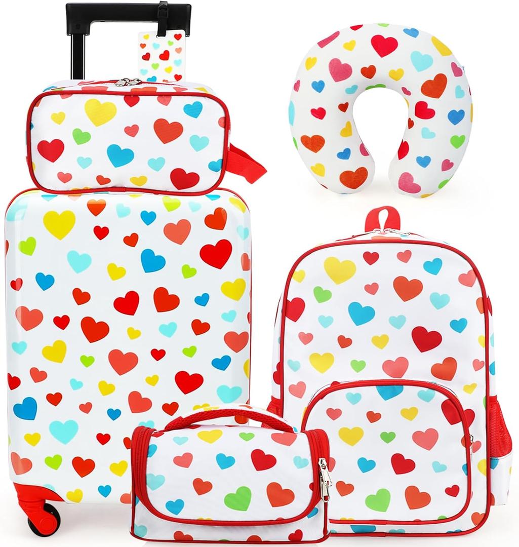 Emissary 5 Piece Kids Luggage Set - Carry On Suitcases With Wheels For Girls & Toddlers, Travel Luggage (Red heart-5)