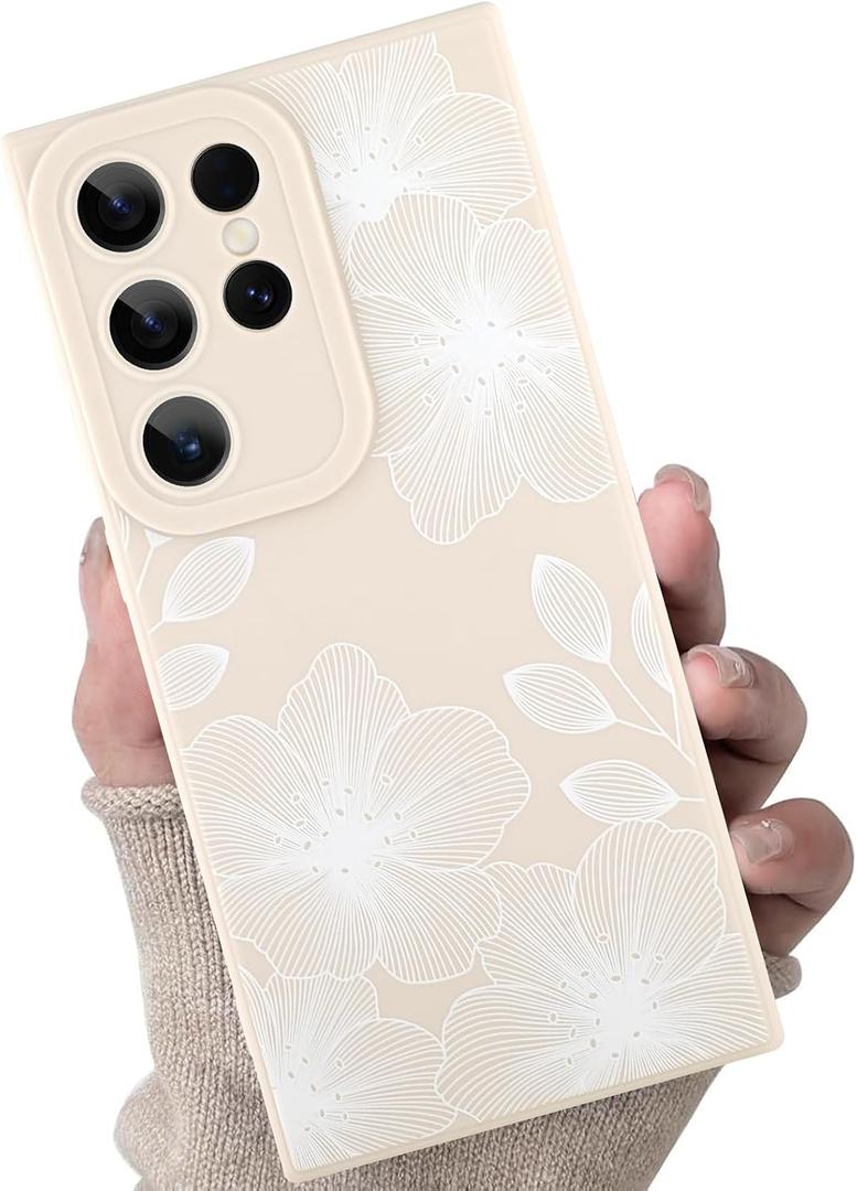for Samsung Galaxy S24 Ultra Case, Cute Flower Floral Pattern Design for Women Girls Soft TPU Protective Phone Case Slim Fit Shockproof Phone Cover - White Floral