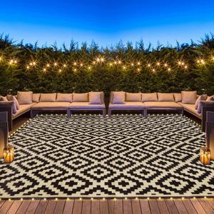 SAND MINE Reversible Mats with Led Strip Lights, Plastic Straw Rug, Modern Area Rug, Large Floor Mat for Outdoors, Patio, Backyard, Deck, Picnic, Camping, Black & Beige, 8' x 10'