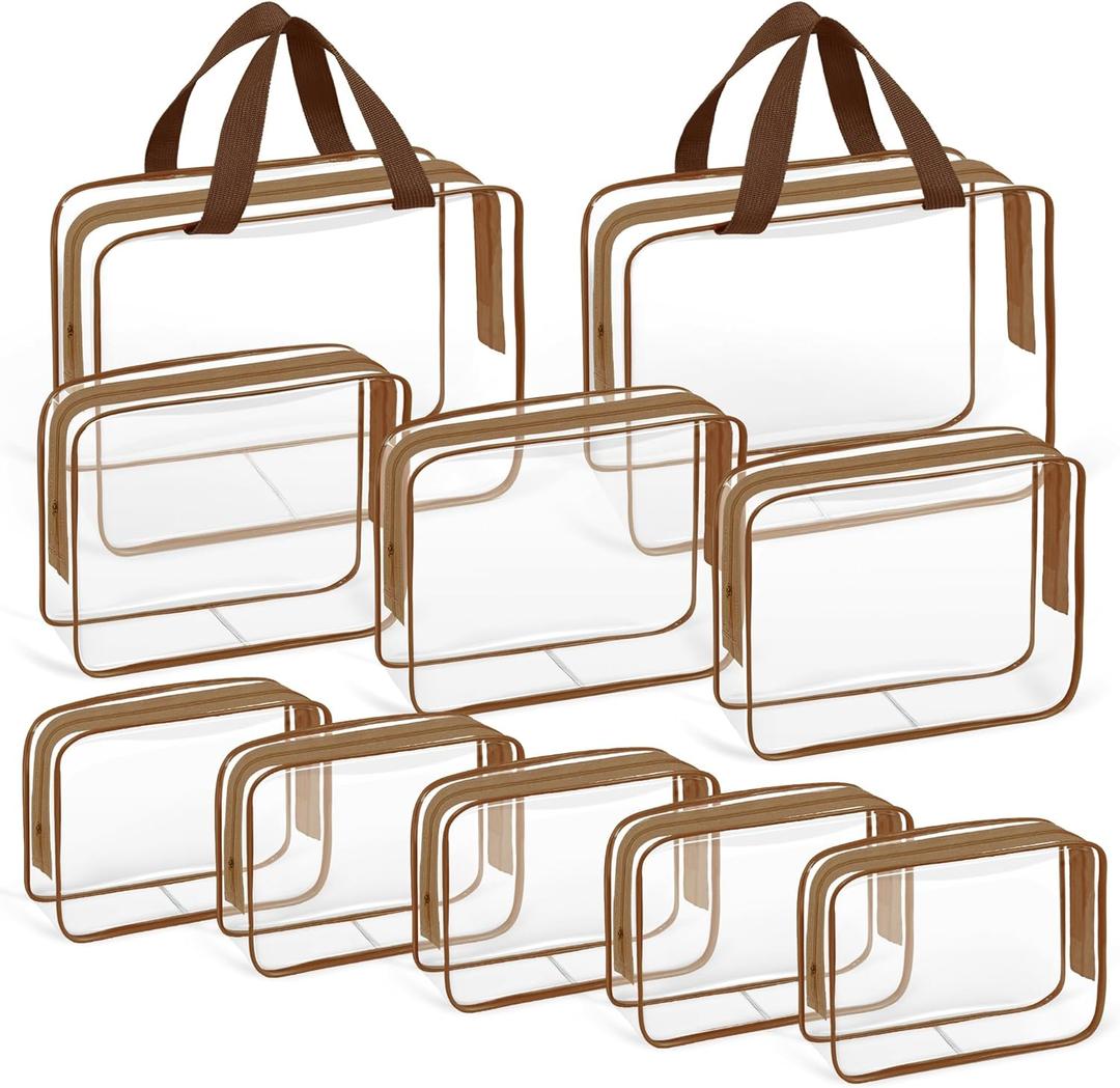TISRATOK 10 PCS Clear Travel Makeup Toiletry Bag, Plastic PVC Cosmetic TSA Approved Organizer Kit with Zipper HandbagCoffee