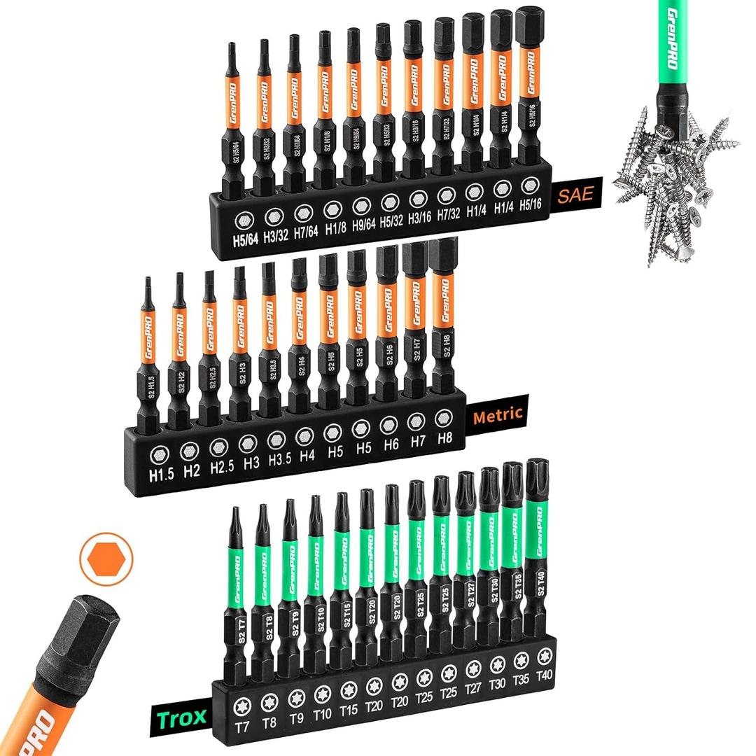 GRENPRO Impact Screwdriver Bits Set, 35Pcs 2 Allen Wrench Drill Bit Set (Metric & SAE)/Trox, Premium S2 Steel Magnetic 1/4" Hex-Shank Bit Set,CNC Machined, Automotive Mechanic Home Repair