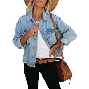 LONGBIDA Women's Jean Jacket Frayed Washed Button Up Cropped Denim Jacket With Pockets (M)