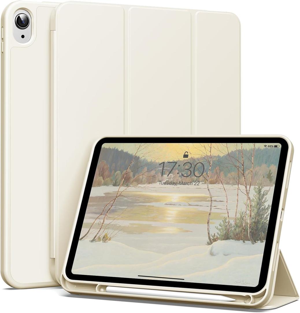 Kenke for iPad 11/10th Gen Case with Pencil Holder 11/10.9 inch 2025 A16/2022, Soft TPU Back Shell Hybrid Slim Trifold Stand Protective Cover Support Touch ID Auto Wake/Sleep (Cream)