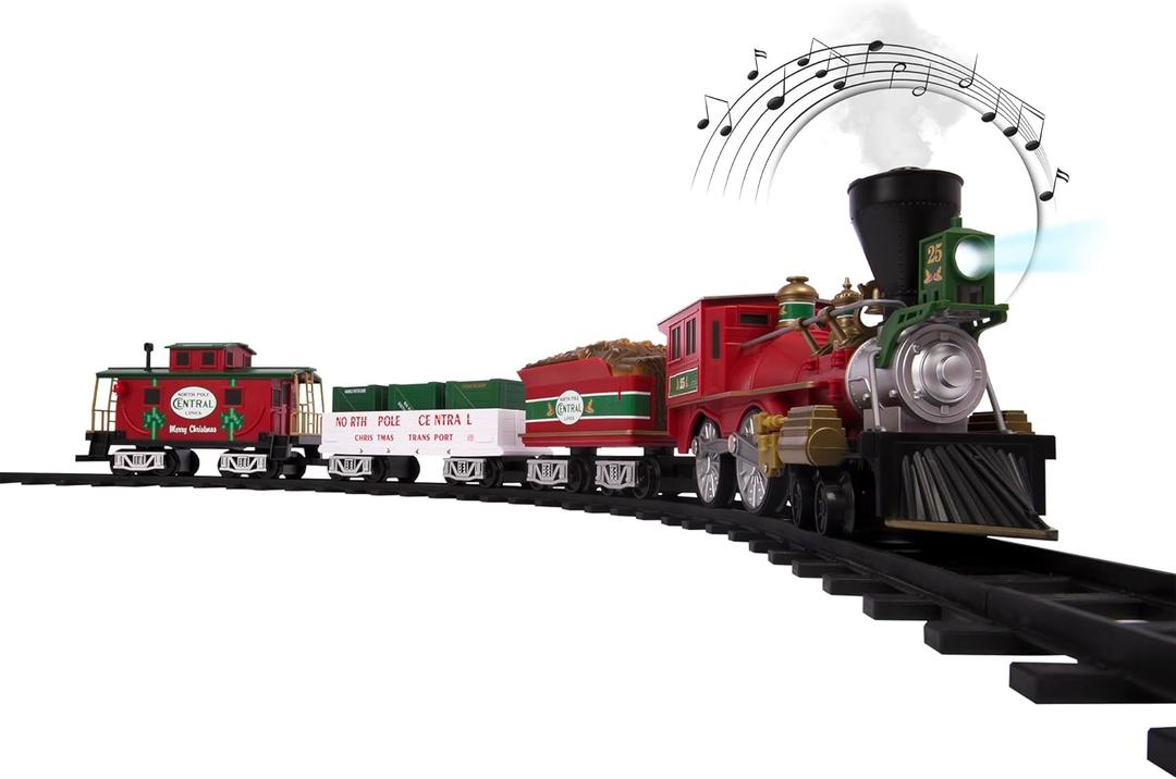 Lionel Battery-Operated North Pole Central Freight Toy Train Set with Bluetooth, Locomotive, Train Cars, & Track with Authentic Train Sounds, Lights, & Water Vapor Smoke Effects for Kids 4+