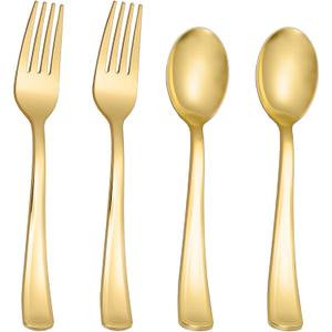 N9R 200PCS Gold Plastic Silverware, Heavy Duty Disposable Cutlery Set for Parties, gold forks and spoons disposable Includes 100 Spoons and 100 Forks for Wedding, Birthday, Dinner