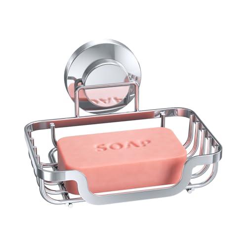 TAILI Soap Holder Bar Dish Suction Cup, Bar Shampoo Rack for Shower Wall, Draining Soap Saver Tray for Bathroom, Rustproof Stainless Steel Sponge Holder for Tub, Kitchen, Drill-Free, Silver