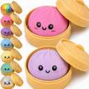 2PCS Dumpling Squishies Stress Balls,Colorful Squeeze Dough Ball Fidget Sensory Toys,Stretchy Hand Desk Toy with Food Steamer for Stress Relief Gift,Pink&Purple