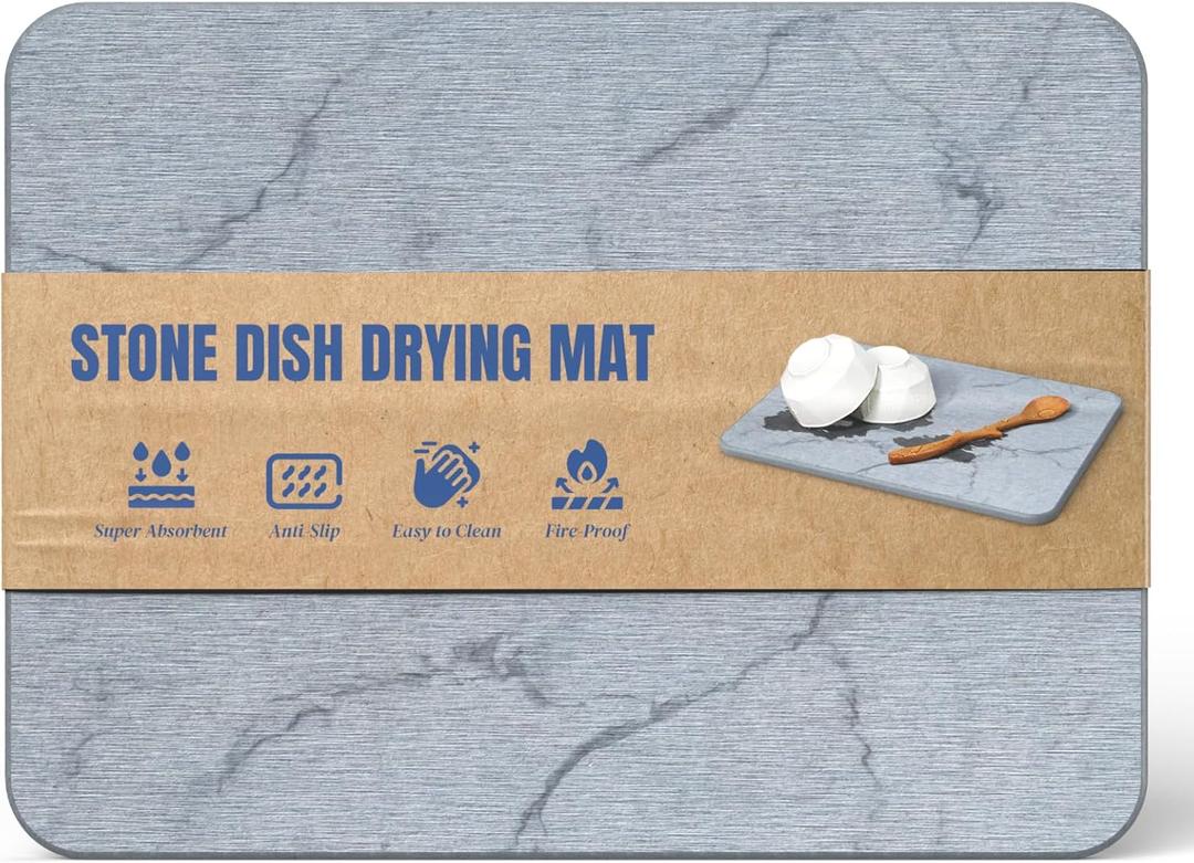 Quick Dry Stone Drying Mat for Kitchen Counter, Water-Absorbent Diatomaceous Dish Drying Mats, Multi-Purpose Stone Drying Tray for Cups Dishes Bottles, Ash-Marble
