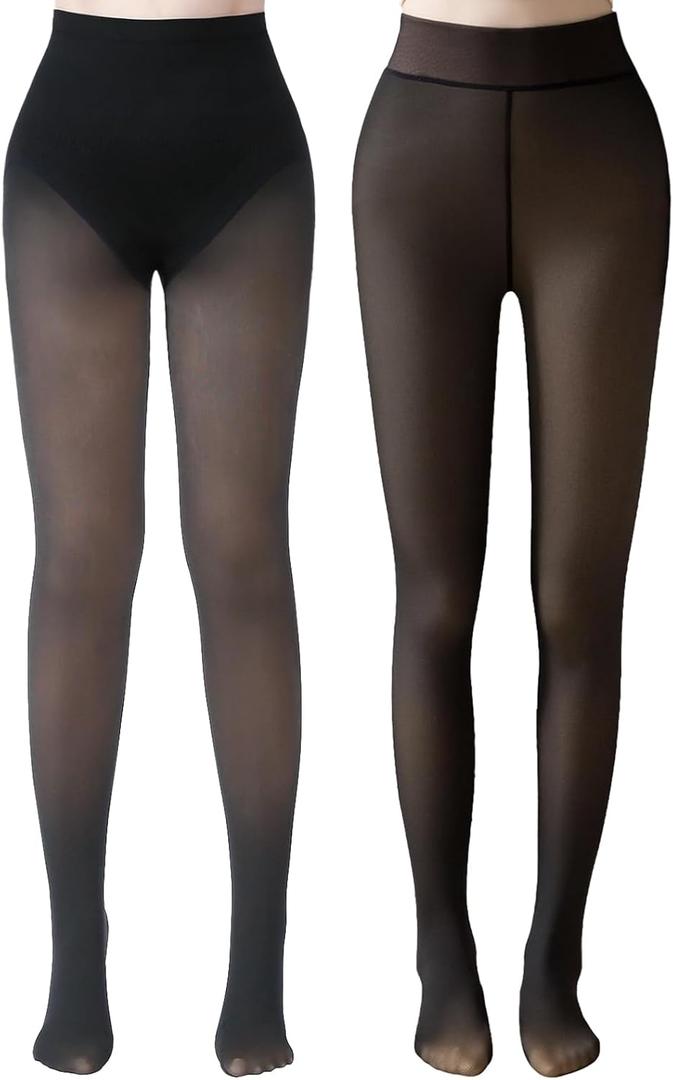 Delcast 2 Pairs Fleece Lined Tights WomenFake Translucent Thermal Sheer Thick Pantyhose Leggings for Winter (M)