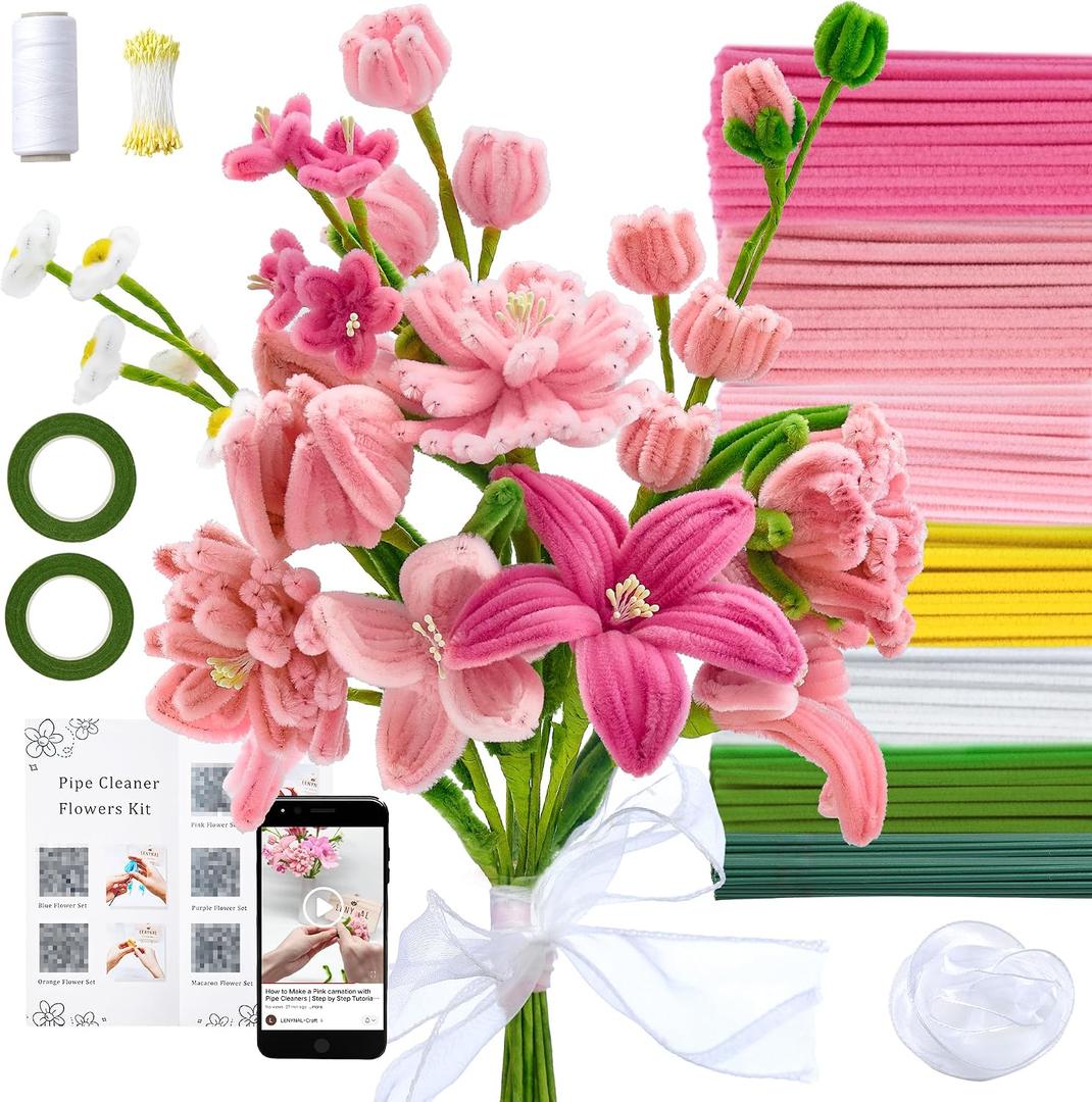 LENYNAL 500 Pcs Pastel Pipe Cleaners Bulk Craft, Pink Pipe Cleaner Flower Kit, Glue-Free & Safe for Kids, Step-by-Step Tutorial, 6 Colors Chenille Stems for Flower Making, 12 Inches