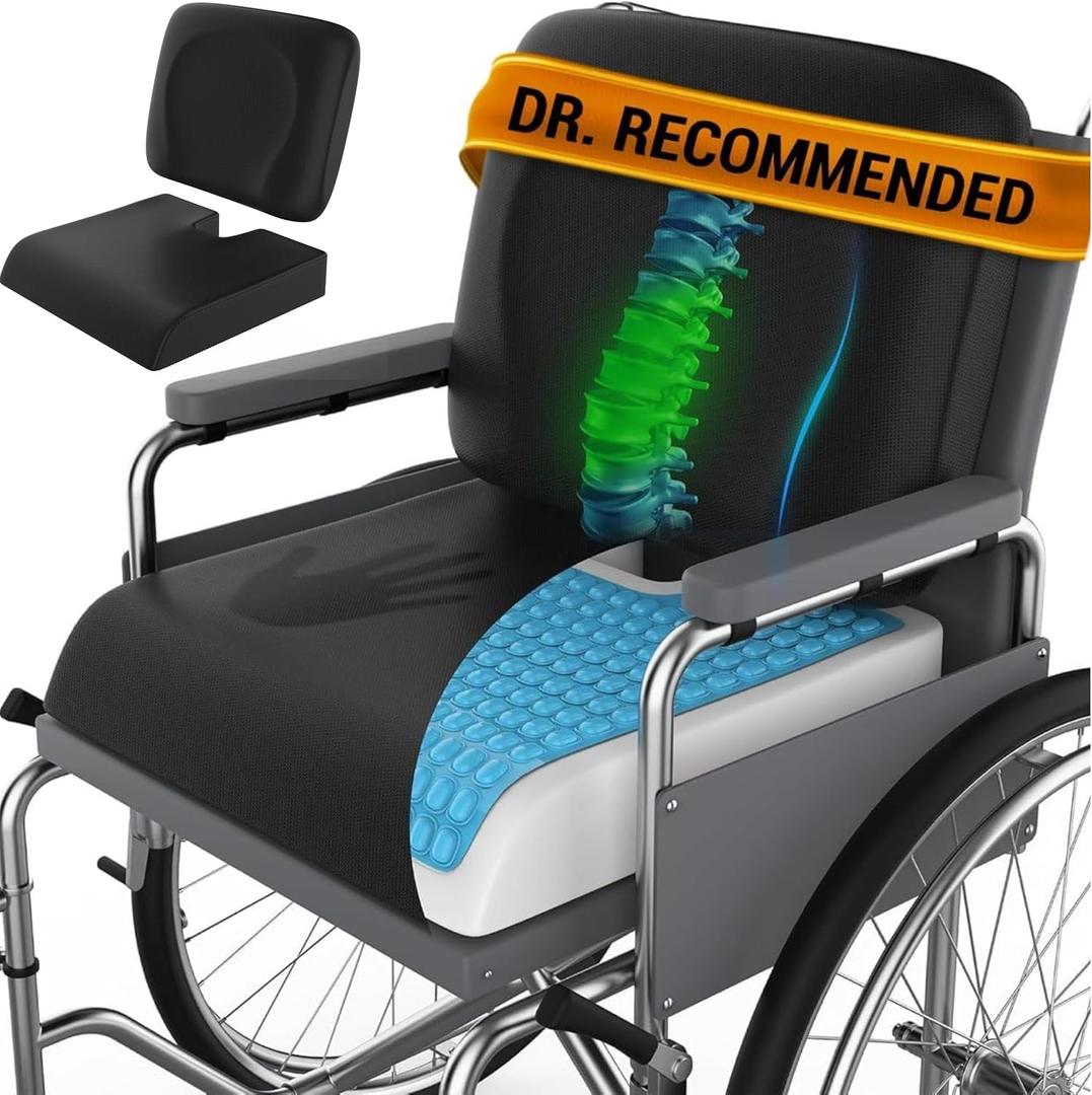 Wheelchair Cushion for Pressure Relief - (2-Piece Set) 18x16 Anti-Slip Wheelchair Seat Cushions for Adults, Seniors with Lumbar Pillow and Removable Strap, Gel Cushion for Wheelchair (Black)